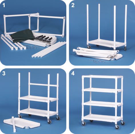 A series of four pictures showing how to assemble a rack.