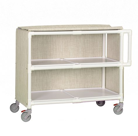 A white cart with two shelves and one lower shelf.