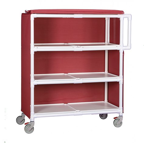 A red cart with three shelves and two white wheels.