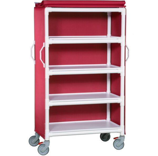 A red and white cart with four shelves.