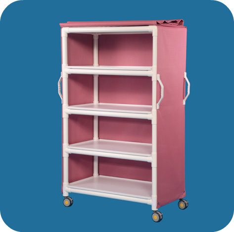 A pink and white shelf with wheels on the bottom