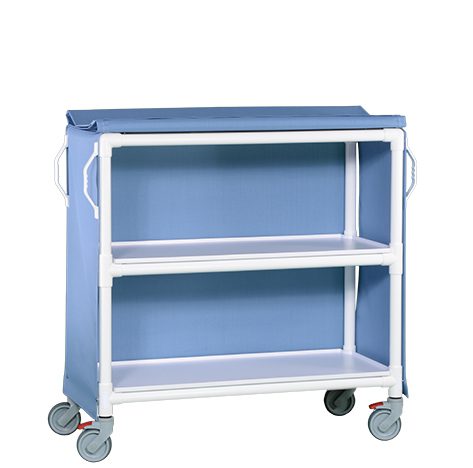 A blue cart with two shelves and wheels.