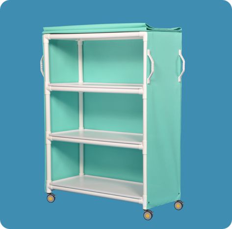 A blue shelf with wheels and handles on it.