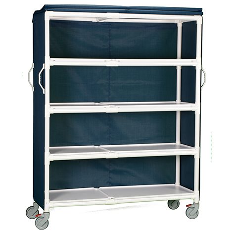A blue shelf with wheels and four shelves.
