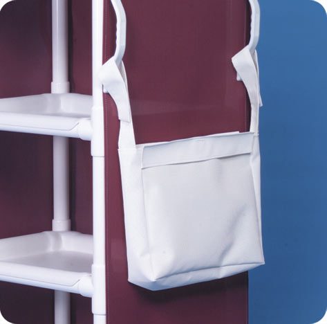 A white bag hanging on the side of a shelf.