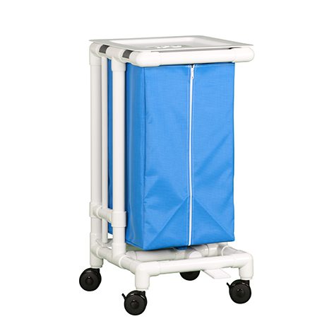 A blue bag is on top of the cart.