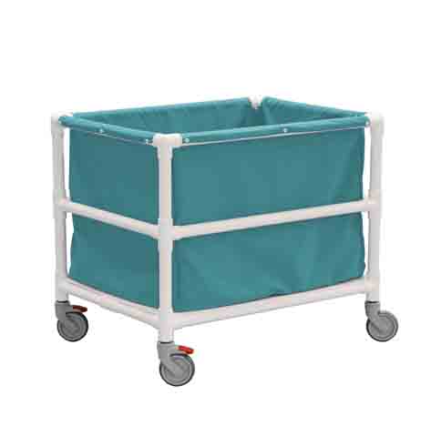 A blue basket on wheels with a white frame.