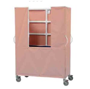 A pink cart with two shelves and wheels.