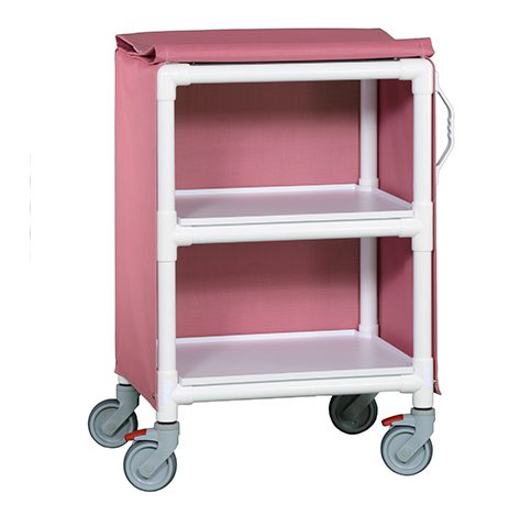 A pink cart with two shelves and white wheels.
