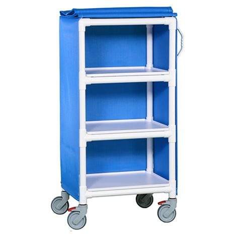 A blue cart with four shelves and two wheels.