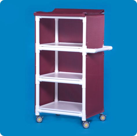 A red and white cart with three shelves.