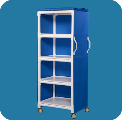 A blue and white plastic shelf with wheels.