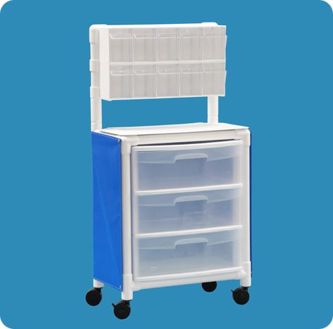 A blue and white cart with three drawers