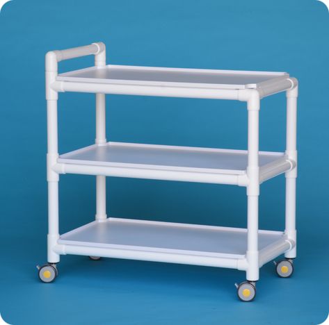 A white cart with three shelves and two handles.