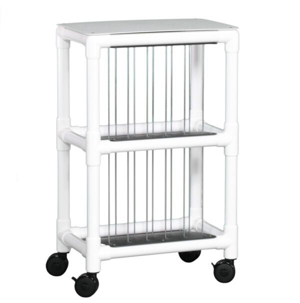 A white cart with two shelves and wheels.