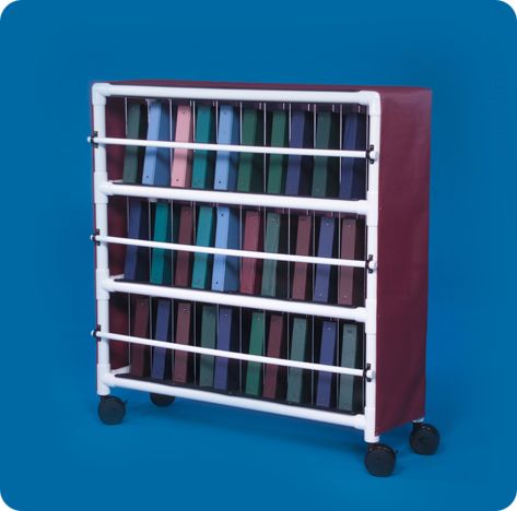 A book case with wheels and four shelves.