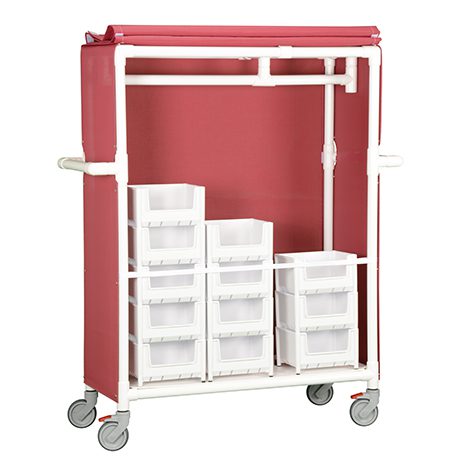 A red cart with white shelves and drawers.