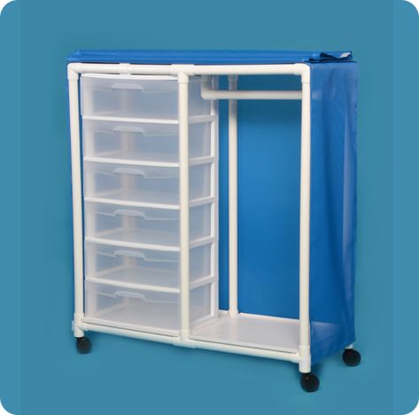 A blue cart with clear plastic drawers and shelves.