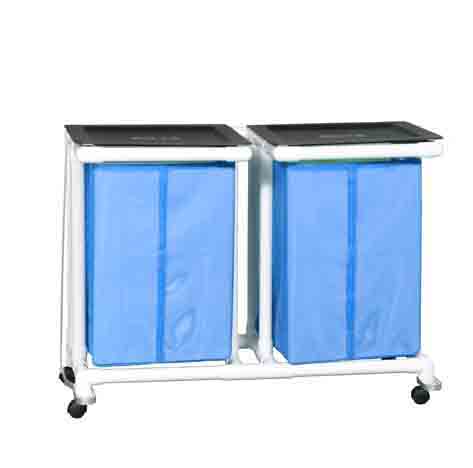 A double laundry hamper with blue bags on top of it.