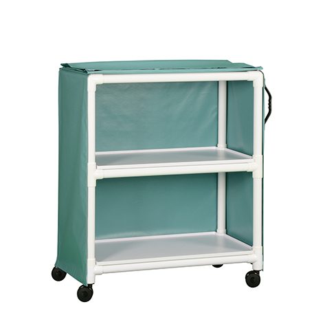 A green cart with two shelves and a white frame.