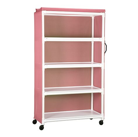 A pink shelf with wheels and white frame.