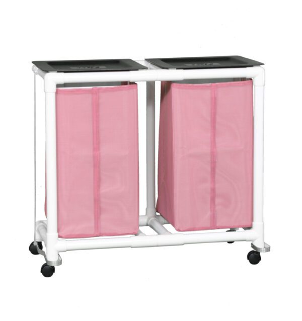 A pink bag holder and two bins on wheels.