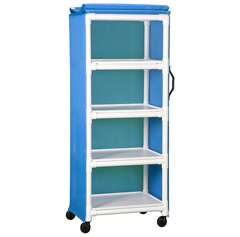 A blue and white shelf with wheels