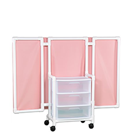 A pink and white cart with three doors open.