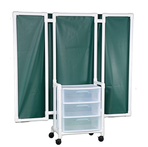 A green screen with three panels and two drawers.