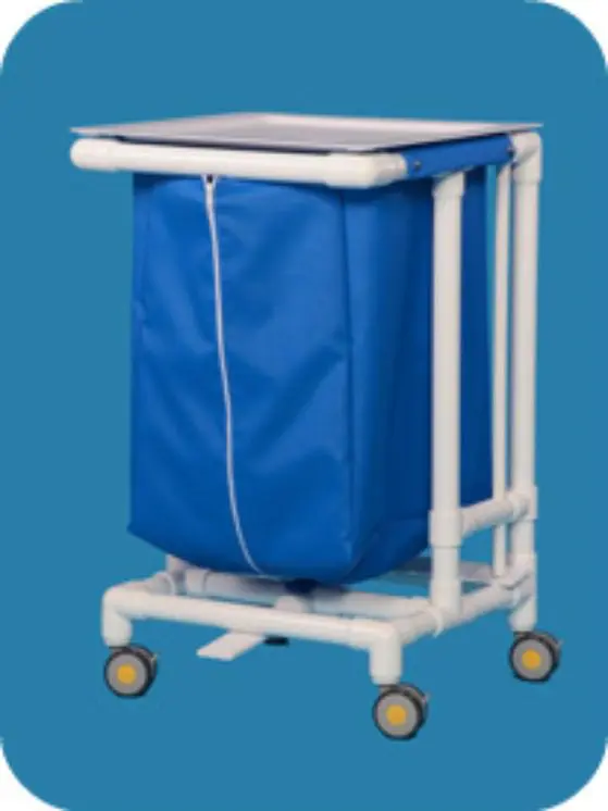A blue bag is on top of the cart.