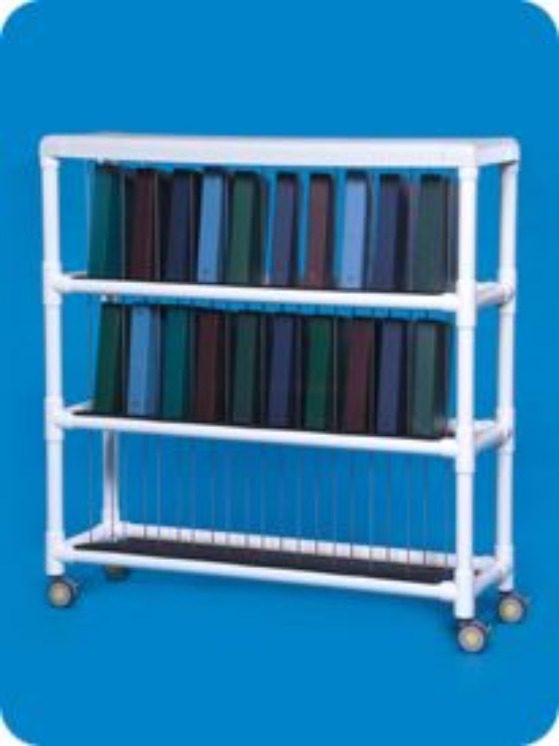 A book cart with four shelves and wheels.
