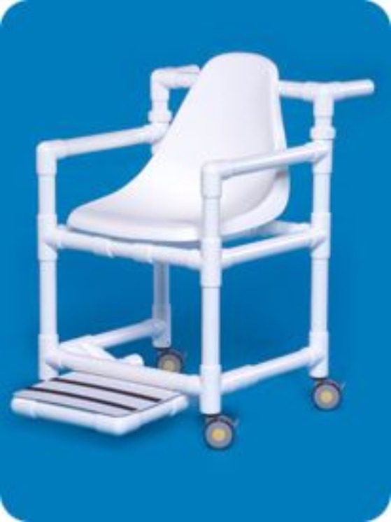 A white chair with wheels and a foot rest.