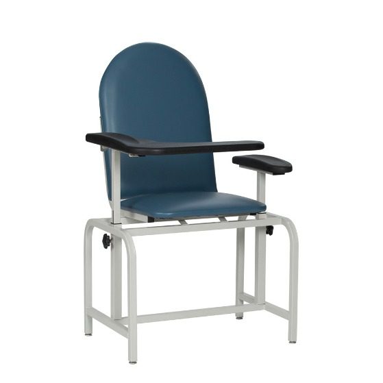 A blue and white chair with arm rests.