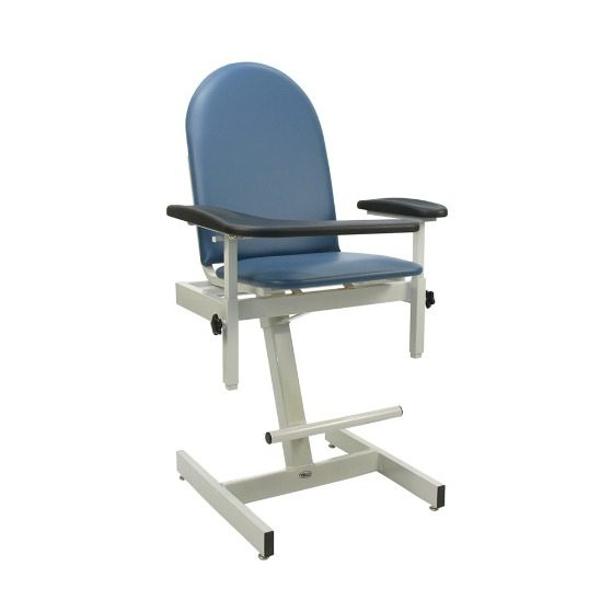 A blue chair with two arms and one leg rest.