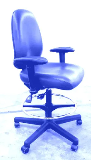 A blue chair with wheels and arms on the back.