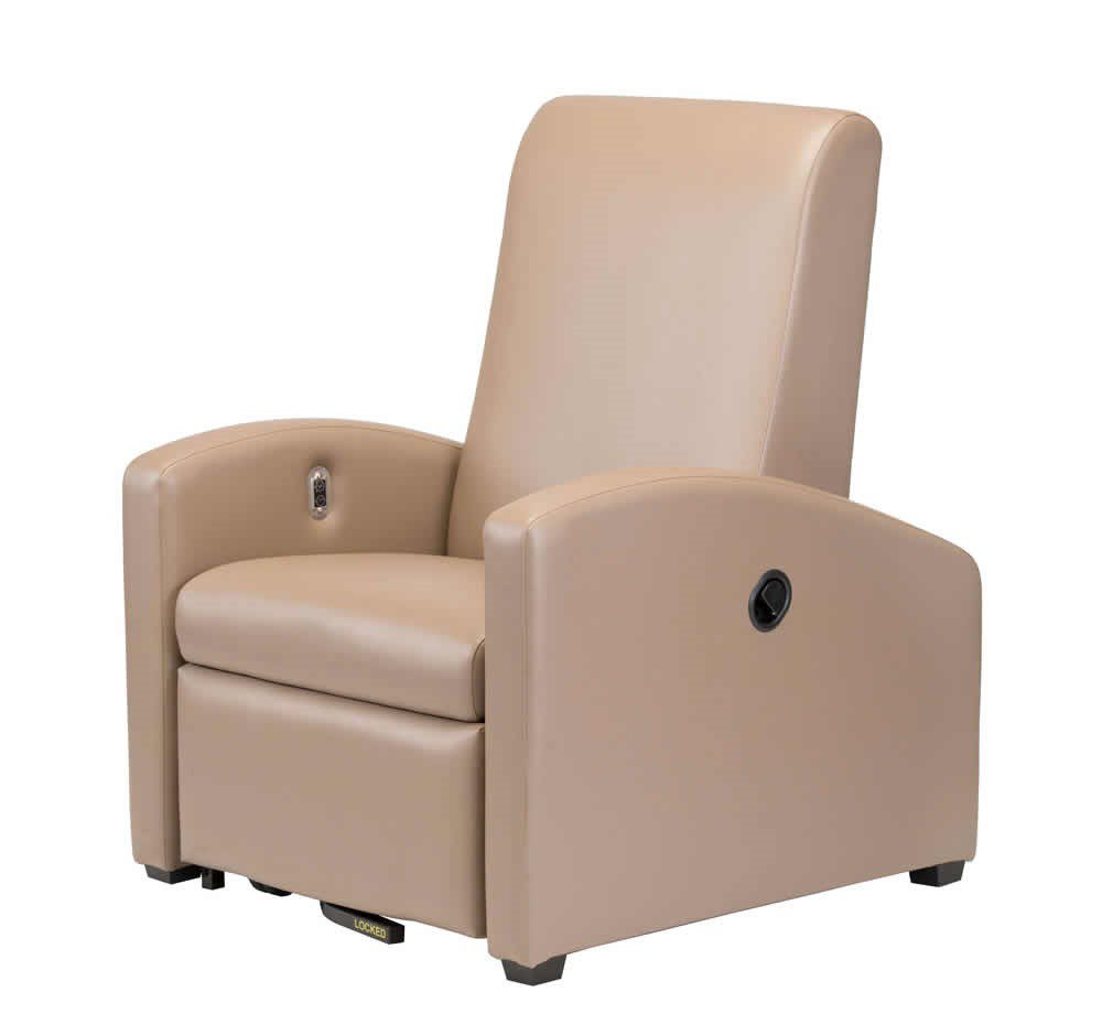 A beige recliner with wheels and an arm rest.