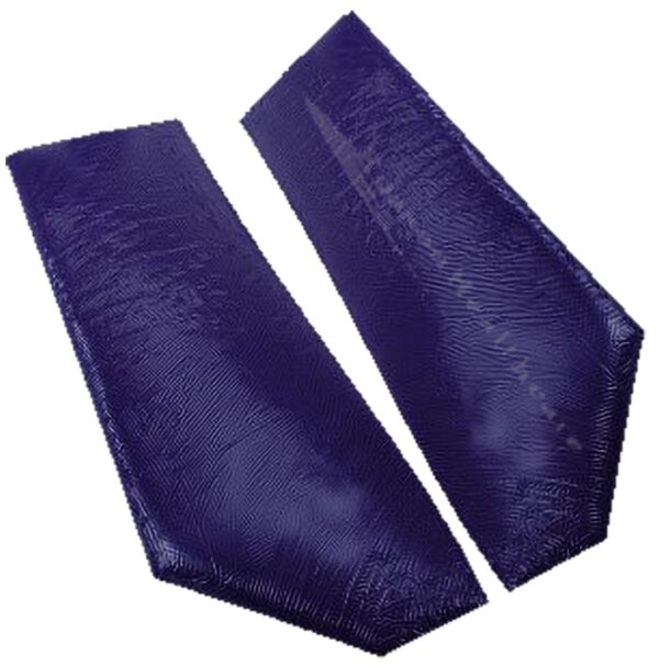 A pair of blue leather strips with a white background