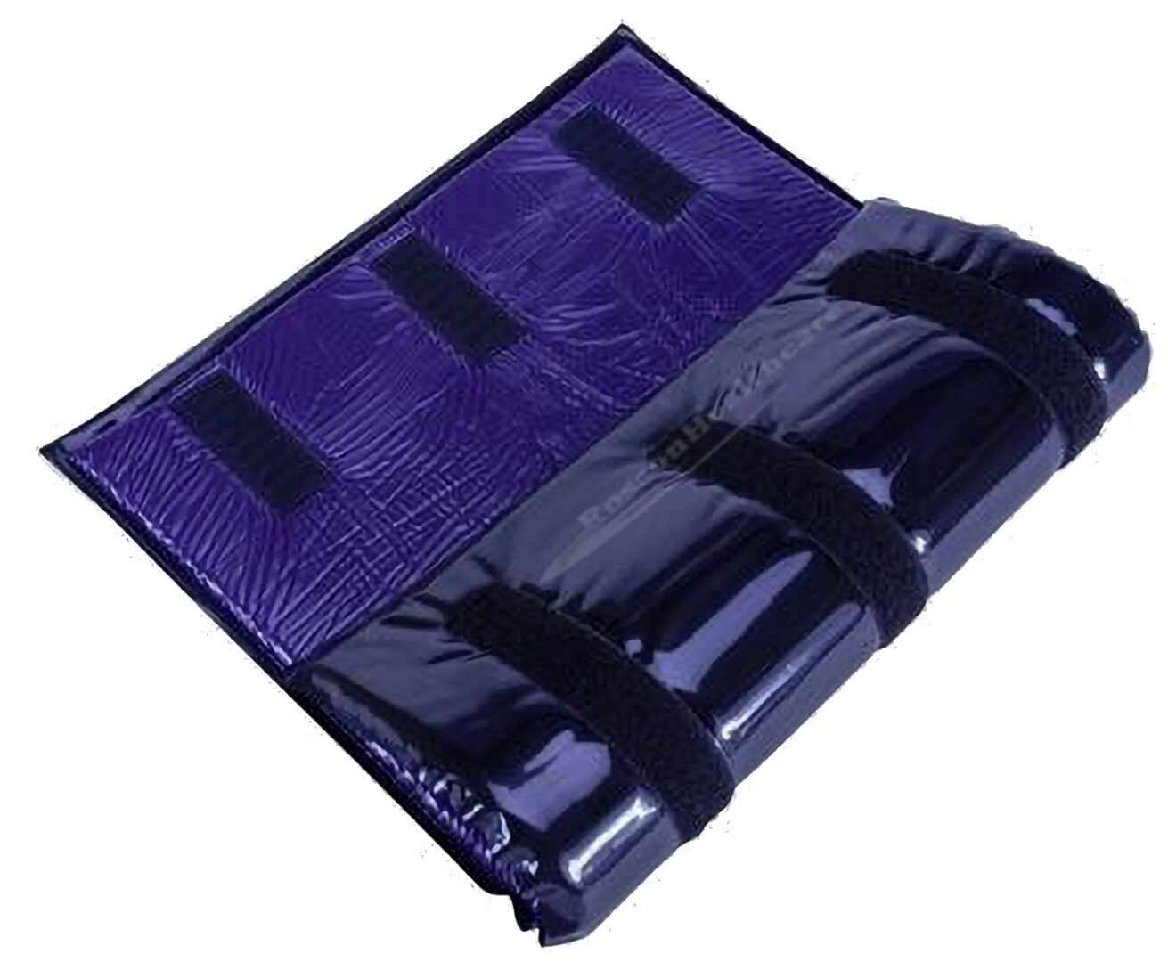 A purple tarp with black straps on it.