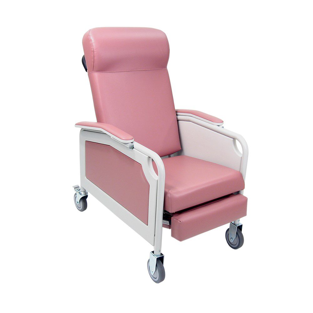A pink chair with wheels and a pillow.
