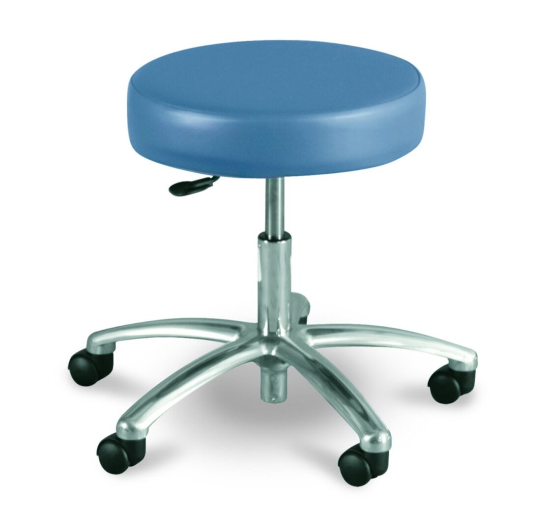A blue stool with wheels on the bottom of it.