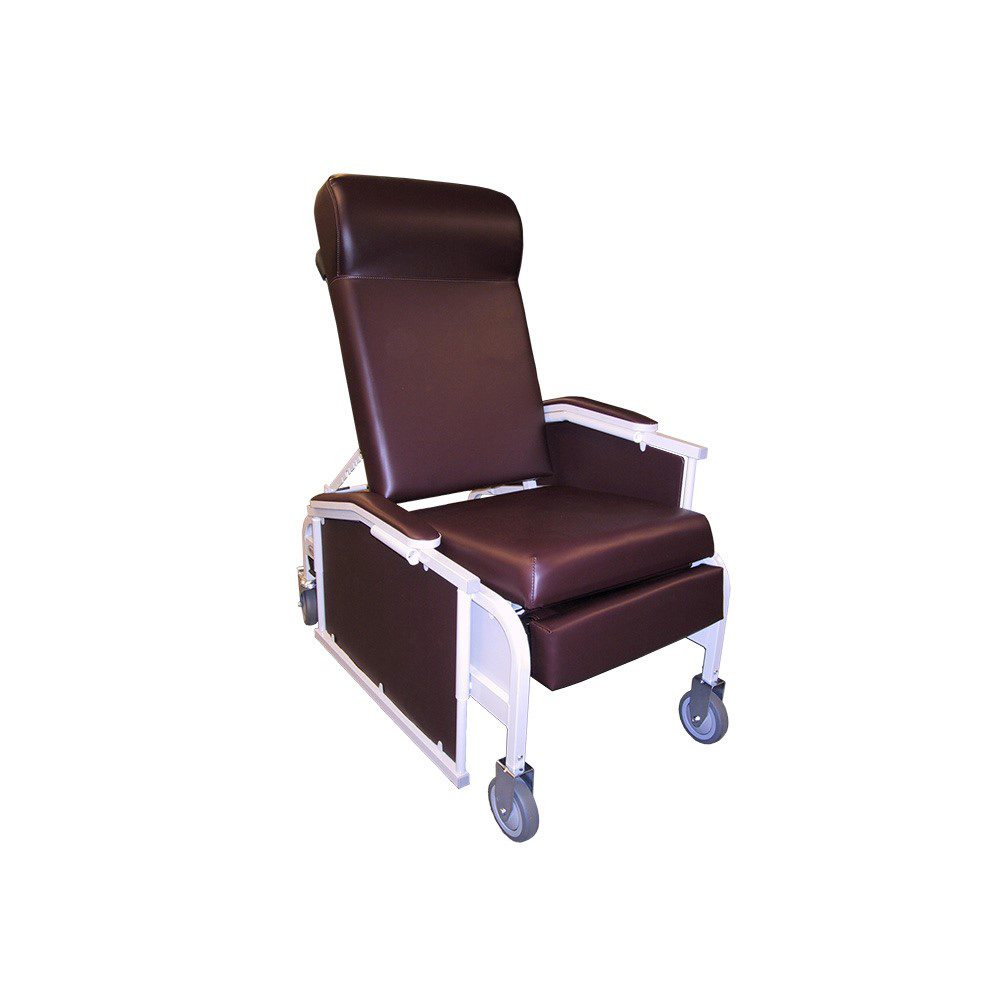A brown chair with wheels and white frame.