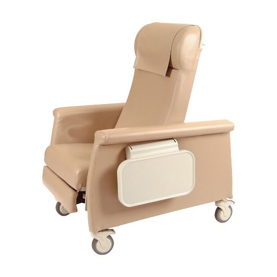 A beige reclining chair with wheels and arm rests.