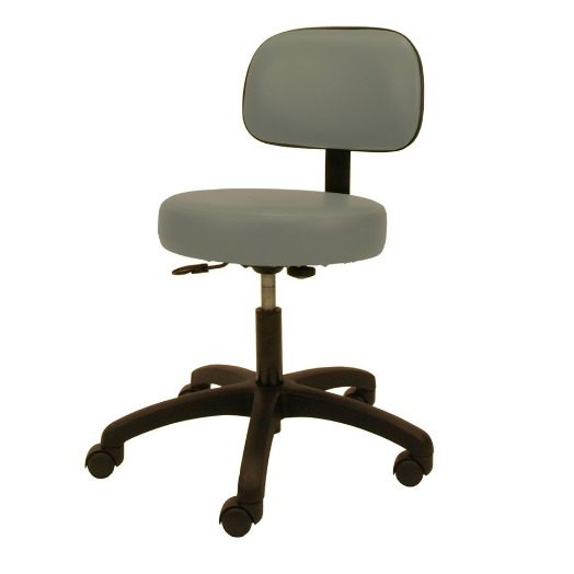 A gray office chair with wheels and back support.