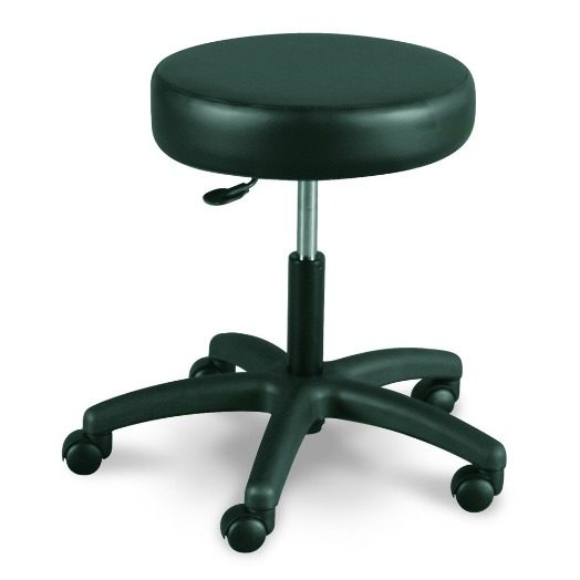 A black stool with wheels and a round seat.