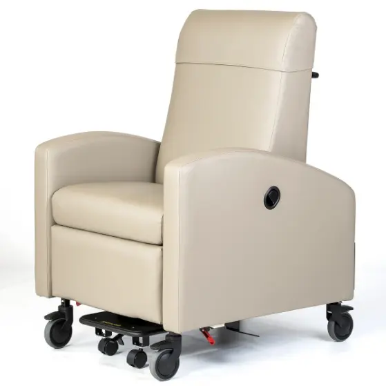 A beige recliner with wheels and a cup holder.