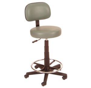 A gray stool with a back and foot rest.