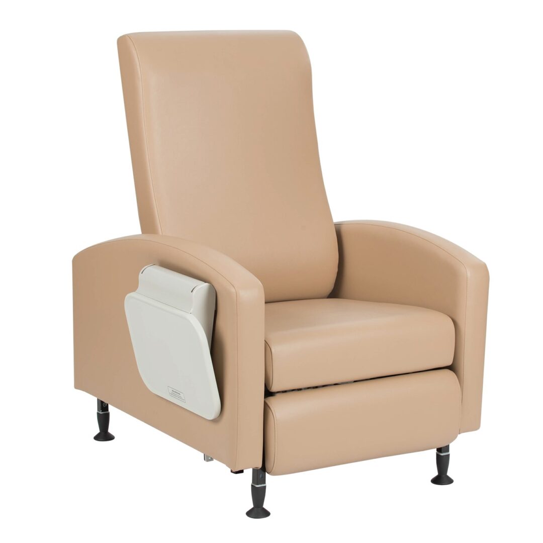 A beige recliner with a cup holder on the side.