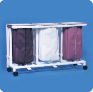 A white plastic rack with three bags on it.
