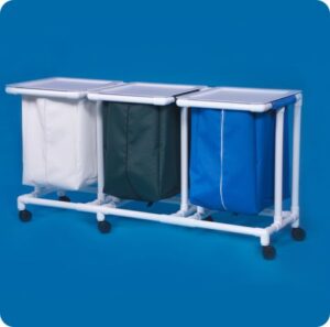 A three bin cart with a blue background
