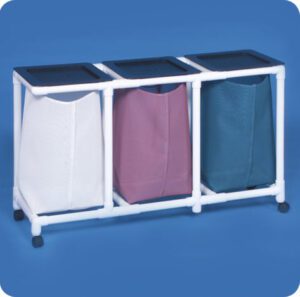 A three bin cart with blue, white and pink bags.